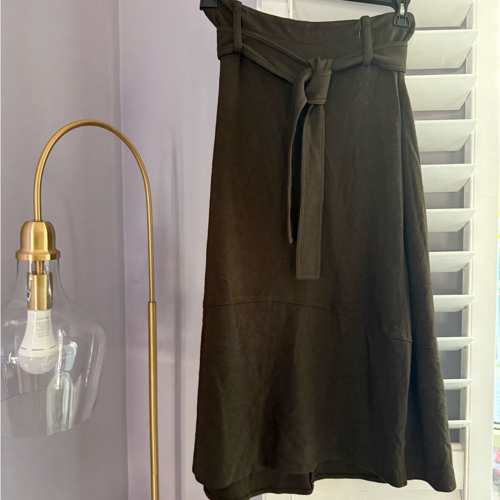 Vince Dark Olive Green Belted Seamed Midi Skirt